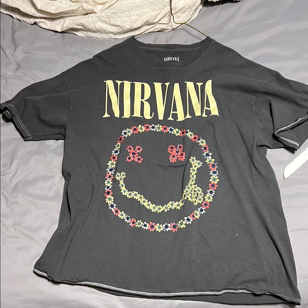 NIRVANA Black Tee with Floral Smiley Design
